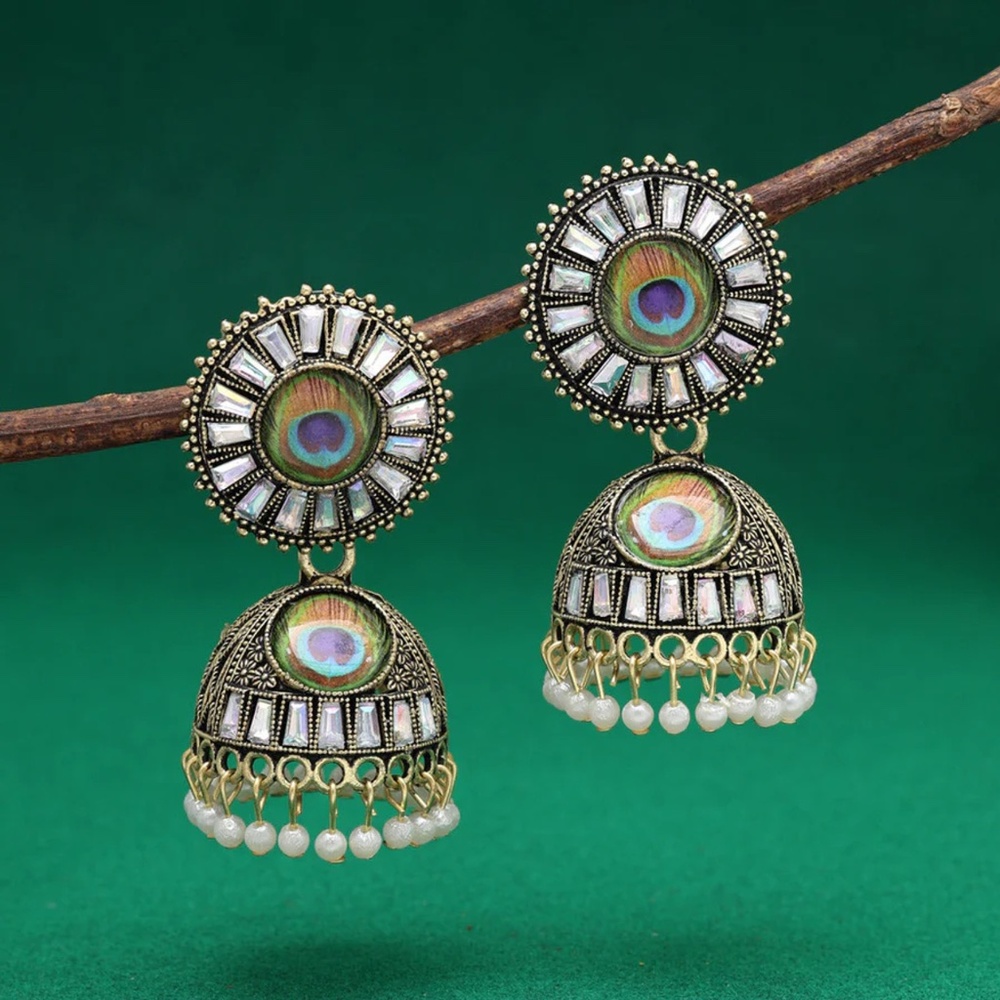 Gold Color Round Peacock Feather Oxidised Earrings